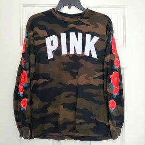EUC Victoria's Secret PINK Camo & Roses Oversized Long Sleeve Shirt, XS